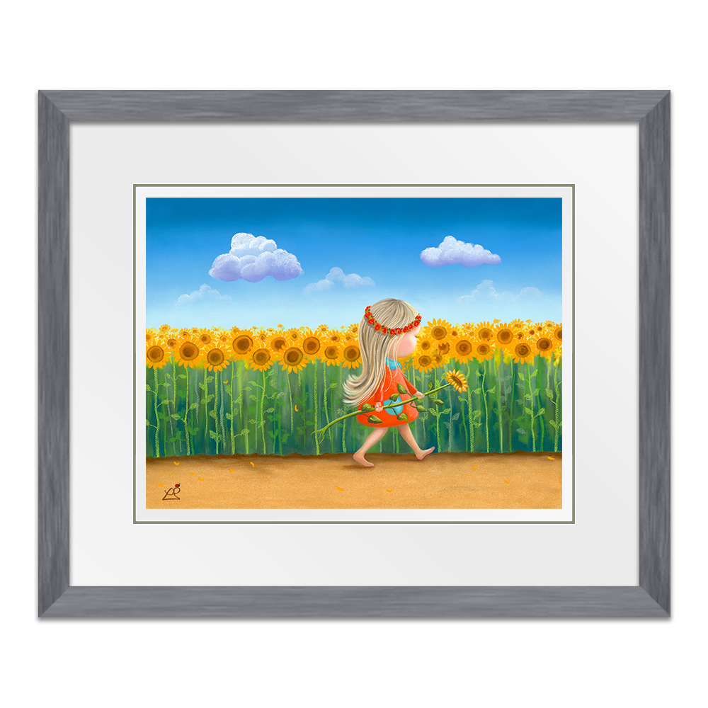 Sunflowers and Smiles 12"x9" Framed in Slate Grey